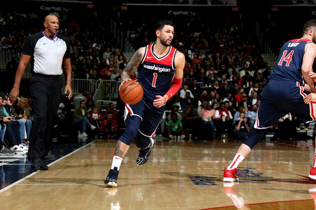 WASHINGTON, DC - OCTOBER 20: Austin Rivers #1 of the Washington Wizards handles the ball against the Toronto Raptors on October 20, 2018 at Capital One Arena in Washington, DC. NOTE TO USER: User expressly acknowledges and agrees that, by downloading and/or using this photograph, user is consenting to the terms and conditions of the Getty Images License Agreement. Mandatory Copyright Notice: Copyright 2018 NBAE (Photo by Stephen Gosling/NBAE via Getty Images)