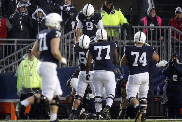 STATE COLLEGE, PA - OCTOBER 27:  Trace McSorley #9 of the Penn State Nittany Lions celebrates after rushing for a 51 yard touchdown in the second half against the Iowa Hawkeyes on October 27, 2018 at Beaver Stadium in State College, Pennsylvania.  (Photo by Justin K. Aller/Getty Images)