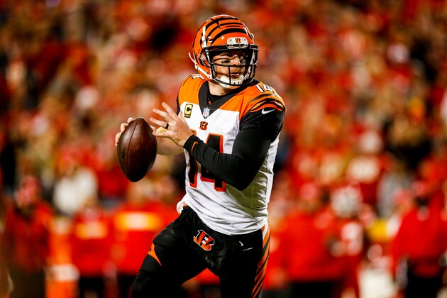 KANSAS CITY, MO - OCTOBER 21: Andy Dalton #14 of the Cincinnati Bengals rolls out of the pocket during the second quarter of the game against the Kansas City Chiefs at Arrowhead Stadium on October 21, 2018 in Kansas City, Kansas. (Photo by David Eulitt/Getty Images)