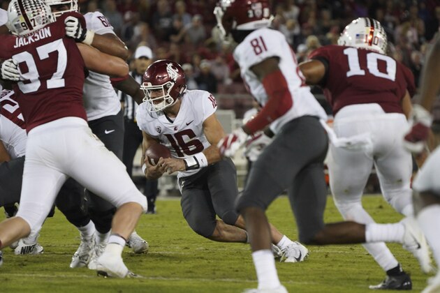 Washington State quarterback Gardner Minshew II (16) scrambles in the second half against Stanford during an NCAA college football game on Saturday, Oct. 27, 2018, in Stanford, Calif. (AP Photo/Don Feria)