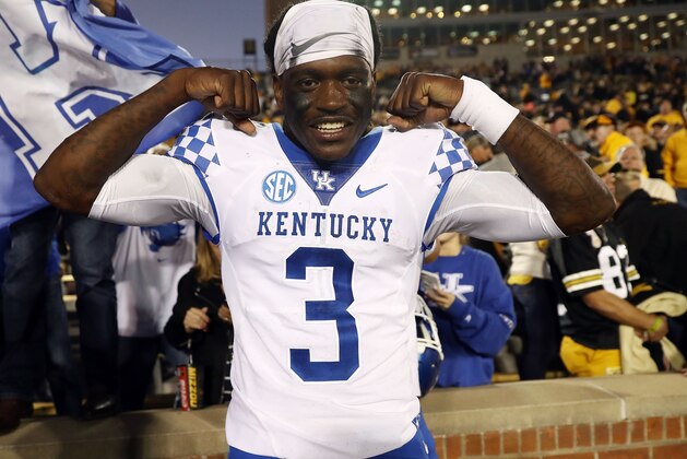 COLUMBIA, MO - OCTOBER 27:  Quarterback Terry Wilson #3 of the Kentucky Wildcats celebrates after the Wildcats defeated the Missouri Tigers 15-14 to win the game at Faurot Field/Memorial Stadium on October 27, 2018 in Columbia, Missouri.  (Photo by Jamie Squire/Getty Images)