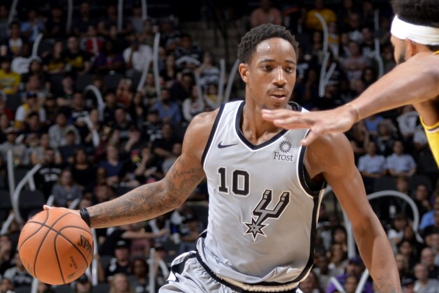 San Antonio, TX - OCTOBER 27: DeMar DeRozan #10 of the San Antonio Spurs handles the ball against the Los Angeles Lakers on October 27, 2018 at AT&T Center in San Antonio, Texas. NOTE TO USER: User expressly acknowledges and agrees that, by downloading and/or using this photograph, User is consenting to the terms and conditions of the Getty Images License Agreement. Mandatory Copyright Notice: Copyright 2018 NBAE (Photo by Mark Sobhani/NBAE via Getty Images)