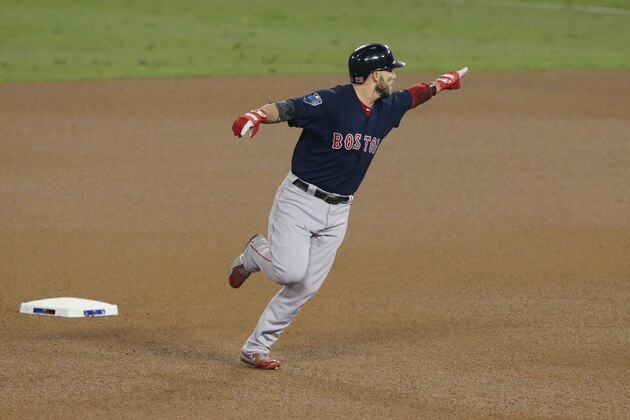 LOS ANGELES, CA - OCTOBER 27: Steve Pearce #25 of the Boston Red Sox celebrates after hitting a solo home run to tie the game at 4-4 in the eighth inning of Game Four of the 2018 World Series against pitcher Kenley Jansen #74 of the Los Angeles Dodgers (not in photo) at Dodger Stadium on October 27, 2018 in Los Angeles, California. (Photo by Jeff Gross/Getty Images) LOS ANGELES, CA - OCTOBER 27: Steve Pearce #25 of the Boston Red Sox celebrates after hitting a solo home run to tie the game at 4-4 in the eighth inning of Game Four of the 2018 World Series against pitcher Kenley Jansen #74 of the Los Angeles Dodgers (not in photo) at Dodger Stadium on October 27, 2018 in Los Angeles, California. (Photo by Jeff Gross/Getty Images)
