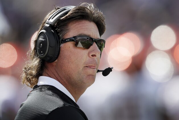 Oklahoma State head coach Mike Gundy keeps a eye on the scoreboard during the first half of an NCAA college football game against Kansas State in Manhattan, Kan., Saturday, Oct. 13, 2018. (AP Photo/Orlin Wagner)