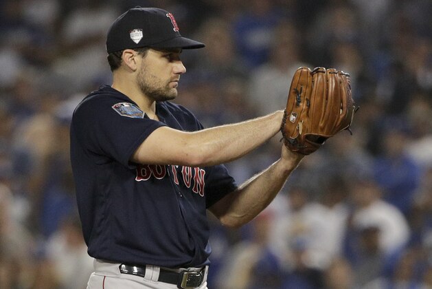 Boston Red Sox pitcher Nathan Eovaldi throws against the Los Angeles Dodgers during the 18th inning in Game 3 of the World Series baseball game on Saturday, Oct. 27, 2018, in Los Angeles. (AP Photo/Jae C. Hong)