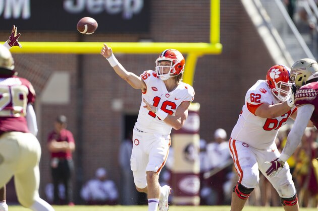 Clemson quarterback Trevor Lawrence throws in the first half of an NCAA college football game against Florida State in Tallahassee, Fla., Saturday, Oct.27, 2018. Clemson defeated Florida State 59-10. (AP Photo/Mark Wallheiser)