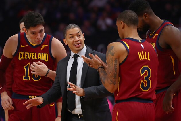DETROIT, MI - OCTOBER 25:  Head coach Tyronn Lue of the Cleveland Cavaliers talks with George Hill #3 Cedi Osman #16 and Tristan Thompson #13 while playing the Detroit Pistons at Little Caesars Arena on October 25, 2018 in Detroit, Michigan. Detroit won the game 110-103. NOTE TO USER: User expressly acknowledges and agrees that, by downloading and or using this photograph, User is consenting to the terms and conditions of the Getty Images License Agreement. (Photo by Gregory Shamus/Getty Images)