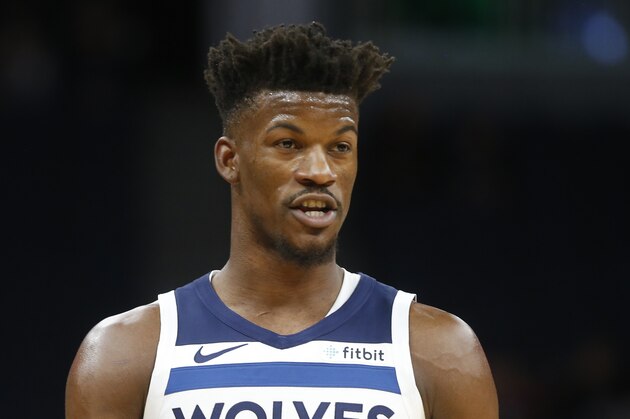 Minnesota Timberwolves' Jimmy Butler plays against the Indiana Pacers in the first half of an NBA basketball game Monday, Oct. 22, 2018, in Minneapolis. (AP Photo/Jim Mone)