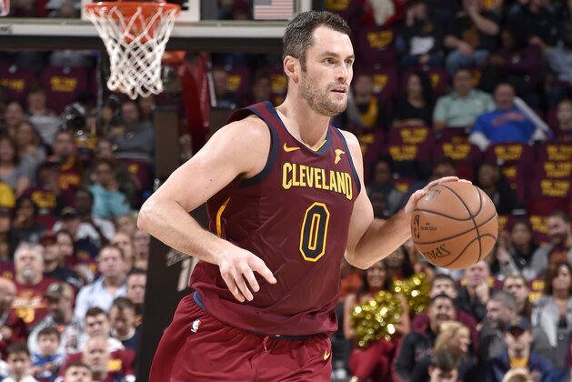 CLEVELAND, OH - OCTOBER 21: Kevin Love #0 of the Cleveland Cavaliers handles the ball against the Atlanta Hawks on October 21, 2018 at Quicken Loans Arena in Cleveland, Ohio. NOTE TO USER: User expressly acknowledges and agrees that, by downloading and/or using this photograph, user is consenting to the terms and conditions of the Getty Images License Agreement. Mandatory Copyright Notice: Copyright 2018 NBAE (Photo by David Liam Kyle/NBAE via Getty Images)