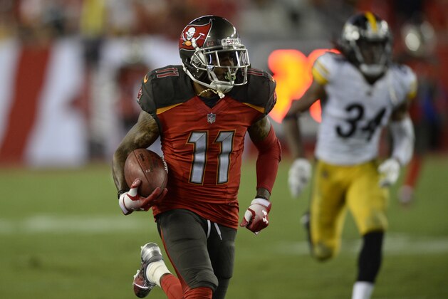 Tampa Bay Buccaneers wide receiver DeSean Jackson (11) beats Pittsburgh Steelers defensive back Terrell Edmunds (34) during the second half of an NFL football game Monday, Sept. 24, 2018, in Tampa, Fla. (AP Photo/Jason Behnken)