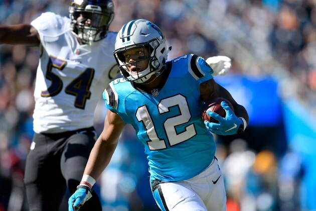 CHARLOTTE, NC - OCTOBER 28:  DJ Moore #12 of the Carolina Panthers breaks away from Tyus Bowser #54 of the Baltimore Ravens during their game at Bank of America Stadium on October 28, 2018 in Charlotte, North Carolina.  (Photo by Grant Halverson/Getty Images)