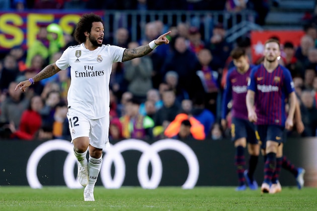 BARCELONA, SPAIN - OCTOBER 28: Marcelo of Real Madrid celebrates 2-1 during the La Liga Santander match between FC Barcelona v Real Madrid at the Camp Nou on October 28, 2018 in Barcelona Spain (Photo by David S. Bustamante/Soccrates/Getty Images) BARCELONA, SPAIN - OCTOBER 28: Marcelo of Real Madrid celebrates 2-1 during the La Liga Santander match between FC Barcelona v Real Madrid at the Camp Nou on October 28, 2018 in Barcelona Spain (Photo by David S. Bustamante/Soccrates/Getty Images)