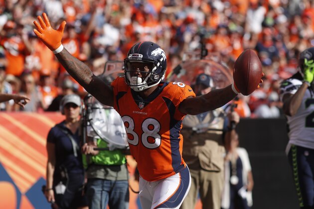 Denver Broncos wide receiver Demaryius Thomas reacts after hauling in a touchdown pass in the end zone during the second half of an NFL football game Sunday, Sept. 9, 2018, in Denver. (AP Photo/David Zalubowski)