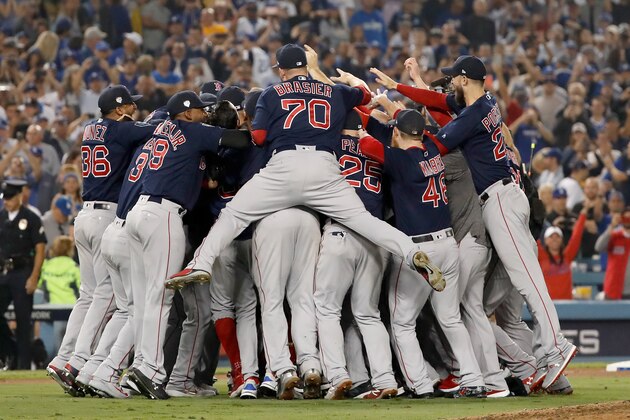 LOS ANGELES, CA - OCTOBER 28:  The Boston Red Sox celebrate their 5-1 win over the Los Angeles Dodgers in Game Five to win the 2018 World Series at Dodger Stadium on October 28, 2018 in Los Angeles, California.  (Photo by Sean M. Haffey/Getty Images)