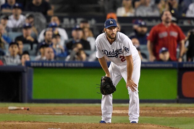 LOS ANGELES, CA - OCTOBER 28:  Clayton Kershaw #22 of the Los Angeles Dodgers reacts after allowing a sixth inning home run to Mookie Betts (not pictured) #50 of the Boston Red Sox in Game Five of the 2018 World Series at Dodger Stadium on October 28, 2018 in Los Angeles, California.  (Photo by Kevork Djansezian/Getty Images)