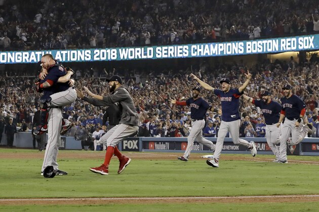 The Boston Red Sox celebrate after Game 5 of baseball's World Series against the Los Angeles Dodgers on Sunday, Oct. 28, 2018, in Los Angeles. The Red Sox won 5-1 to win the series 4 games to 1. (AP Photo/David J. Phillip)