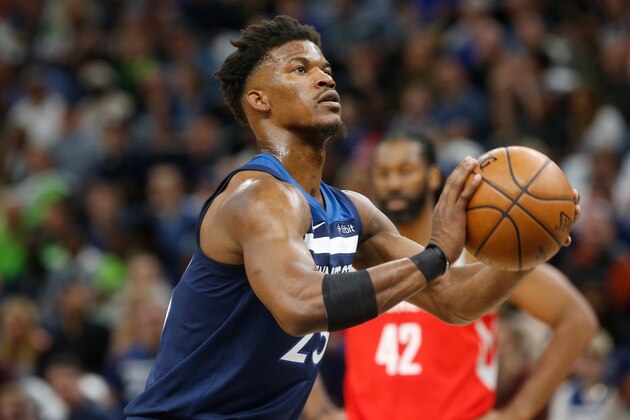 Minnesota Timberwolves' Jimmy Butler plays against the Houston Rockets in the first half during Game 3 of an NBA basketball first round playoff series Saturday, April 21, 2018, in Minneapolis. (AP Photo/Jim Mone)