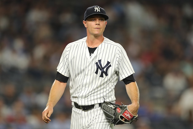 NEW YORK, NY - AUGUST 15:  Sonny Gray #55 of the New York Yankees reacts against the Tampa Bay Rays at Yankee Stadium on August 15, 2018 in the Bronx borough of New York City.  (Photo by Michael Reaves/Getty Images)