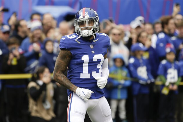 New York Giants wide receiver Odell Beckham (13) warms up before playing against the Washington Redskins in an NFL football game, Sunday, Oct. 28, 2018, in East Rutherford, N.J. (AP Photo/Seth Wenig)