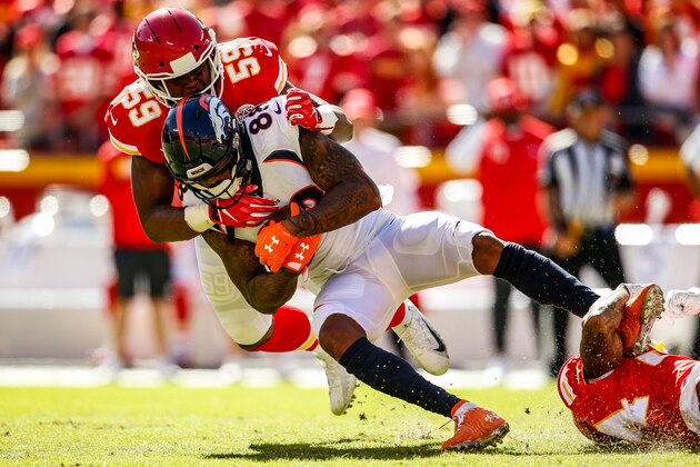 KANSAS CITY, MO - OCTOBER 28: Reggie Ragland #59 of the Kansas City Chiefs tackles Demaryius Thomas #88 of the Denver Broncos during the first half of the game at Arrowhead Stadium on October 28, 2018 in Kansas City, Missouri. (Photo by David Eulitt/Getty Images) KANSAS CITY, MO - OCTOBER 28: Reggie Ragland #59 of the Kansas City Chiefs tackles Demaryius Thomas #88 of the Denver Broncos during the first half of the game at Arrowhead Stadium on October 28, 2018 in Kansas City, Missouri. (Photo by David Eulitt/Getty Images)