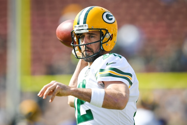 LOS ANGELES, CA - OCTOBER 28: Quarterback Aaron Rodgers #12 of the Green Bay Packers warms up ahead of the game against the Los Angeles Rams at Los Angeles Memorial Coliseum on October 28, 2018 in Los Angeles, California. (Photo by John McCoy/Getty Images)