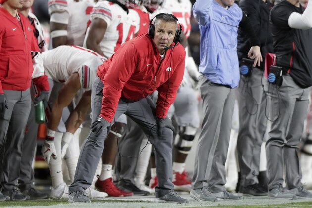 Ohio State head coach Urban Meyer watches from he sideline during the first half of an NCAA college football game against Purdue in West Lafayette, Ind., Saturday, Oct. 20, 2018. (AP Photo/Michael Conroy)