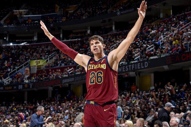 CLEVELAND, OH - OCTOBER 27: Kyle Korver #26 of the Cleveland Cavaliers reacts against the Indiana Pacers on October 27, 2018 at Quicken Loans Arena in Cleveland, Ohio. NOTE TO USER: User expressly acknowledges and agrees that, by downloading and/or using this Photograph, user is consenting to the terms and conditions of the Getty Images License Agreement. Mandatory Copyright Notice: Copyright 2018 NBAE  (Photo by David Liam Kyle/NBAE via Getty Images)