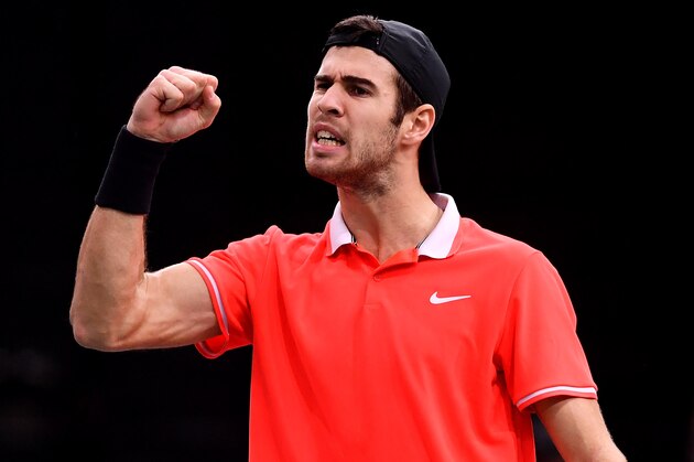 PARIS, FRANCE - OCTOBER 29: Karen Khachanov of 
Russia celebrates winning his match against Filip Krajinovic of Serbia on Day 1 of the Rolex Paris Masters on October 29, 2018 in Paris, France. (Photo by Justin Setterfield/Getty Images)