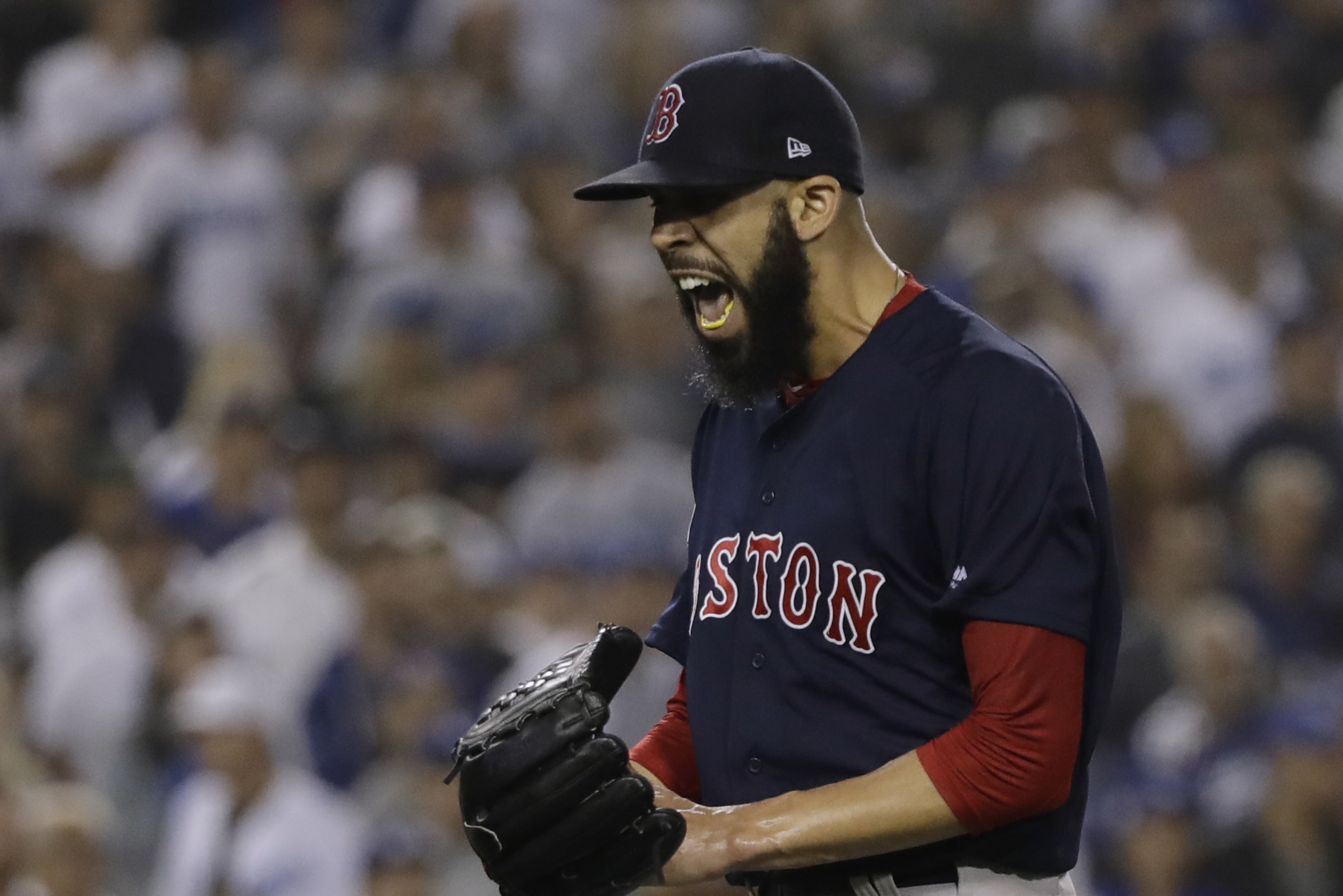 Boston Red Sox pitcher David Price reacts after the third inning in Game 5 of the World Series baseball game against the Los Angeles Dodgers on Sunday, Oct. 28, 2018, in Los Angeles. (AP Photo/David J. Phillip)