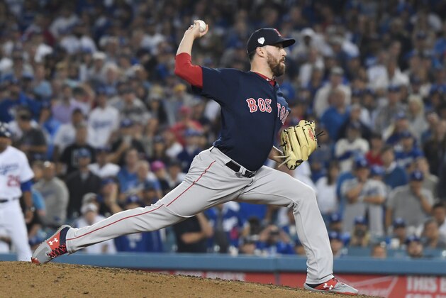 LOS ANGELES, CA - OCTOBER 26:  Heath Hembree #37 of the Boston Red Sox delivers the pitch during the eleventh inning against the Los Angeles Dodgers in Game Three of the 2018 World Series at Dodger Stadium on October 26, 2018 in Los Angeles, California.  (Photo by Harry How/Getty Images)
