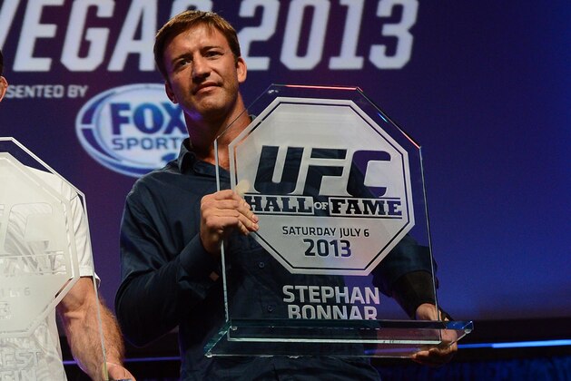 LAS VEGAS, NV - JULY 06:  (L-R) Forrest Griffin and Stephan Bonnar pose for photos with their UFC Hall of Fame plaques during the UFC Fan Expo Las Vegas 2013 at the Mandalay Bay Convention Center on July 6, 2013 in Las Vegas, Nevada.  (Photo by Al Powers/Zuffa LLC/Zuffa LLC via Getty Images)