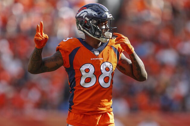 Denver Broncos wide receiver Demaryius Thomas (88) signals against the Oakland Raiders during the second half of an NFL football game, Sunday, Sept. 16, 2018, in Denver. (AP Photo/Jack Dempsey)