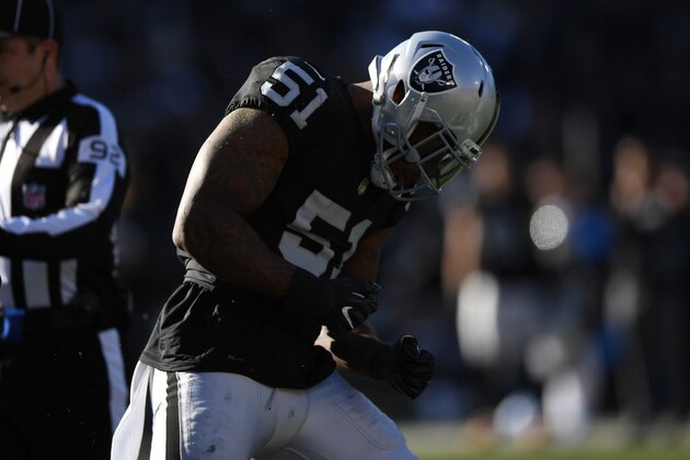 OAKLAND, CA - DECEMBER 03:  Bruce Irvin #51 of the Oakland Raiders reacts after a play against the New York Giants during their NFL game at Oakland-Alameda County Coliseum on December 3, 2017 in Oakland, California.  (Photo by Thearon W. Henderson/Getty Images)