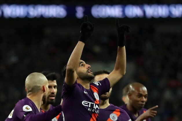 LONDON, ENGLAND - OCTOBER 29:  Riyad Mahrez of Manchester City celebrates after scoring his team's first goal during the Premier League match between Tottenham Hotspur and Manchester City at Wembley Stadium on October 29, 2018 in London, United Kingdom.  (Photo by Richard Heathcote/Getty Images)