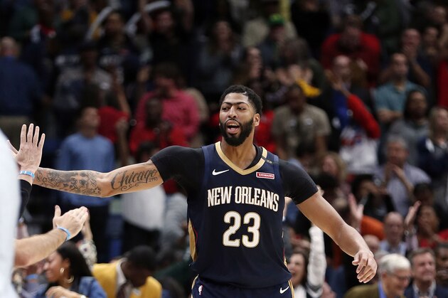 New Orleans Pelicans forward Anthony Davis (23) celebrates after they defeated the Brooklyn Nets by two points in an NBA basketball game in New Orleans, Friday, Oct. 26, 2018. The Pelicans won 117-115. (AP Photo/Gerald Herbert)
