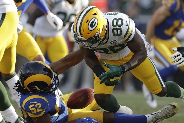 Green Bay Packers running back Ty Montgomery (88) fumbles the ball, recovered by Los Angeles Rams linebacker Ramik Wilson (52) during the second half of an NFL football game, Sunday, Oct. 28, 2018, in Los Angeles. (AP Photo/Marcio Jose Sanchez)