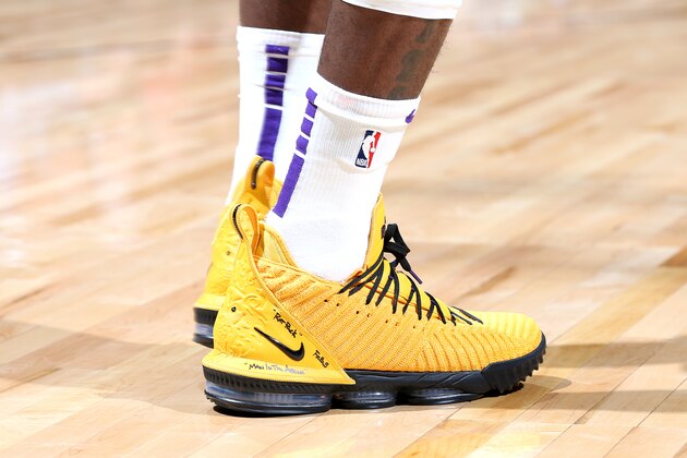 MINNEAPOLIS, MN - OCTOBER 29: The sneakers worn by LeBron James #23 of the Los Angeles Lakers against the Minnesota Timberwolves on October 29, 2018 at Target Center in Minneapolis, Minnesota. NOTE TO USER: User expressly acknowledges and agrees that, by downloading and or using this Photograph, user is consenting to the terms and conditions of the Getty Images License Agreement. Mandatory Copyright Notice: Copyright 2018 NBAE (Photo by David Sherman/NBAE via Getty Images)