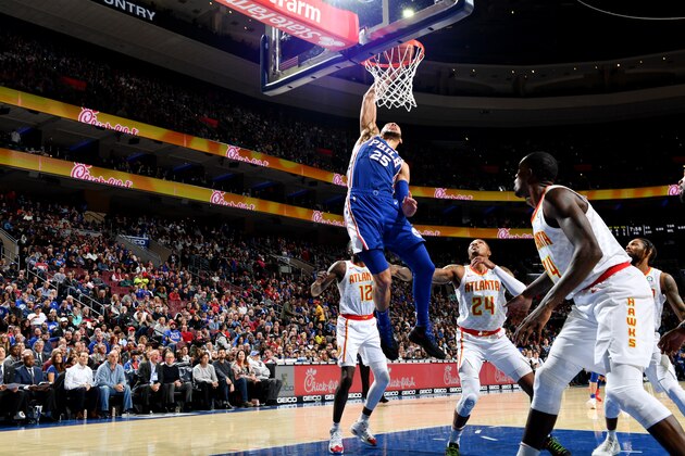 PHILADELPHIA, PA - OCTOBER 29:  Ben Simmons #25 of the Philadelphia 76ers dunks the ball against the Atlanta Hawks on October 29, 2018 in Philadelphia, Pennsylvania NOTE TO USER: User expressly acknowledges and agrees that, by downloading and/or using this Photograph, user is consenting to the terms and conditions of the Getty Images License Agreement. Mandatory Copyright Notice: Copyright 2018 NBAE (Photo by Jesse D. Garrabrant/NBAE via Getty Images)