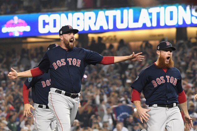 LOS ANGELES, CA - OCTOBER 28:  Heath Hembree #37 and Craig Kimbrel #46 of the Boston Red Sox celebrate defeating the Los Angeles Dodgers 5-1 in Game Five of the 2018 World Series at Dodger Stadium on October 28, 2018 in Los Angeles, California.  (Photo by Harry How/Getty Images)