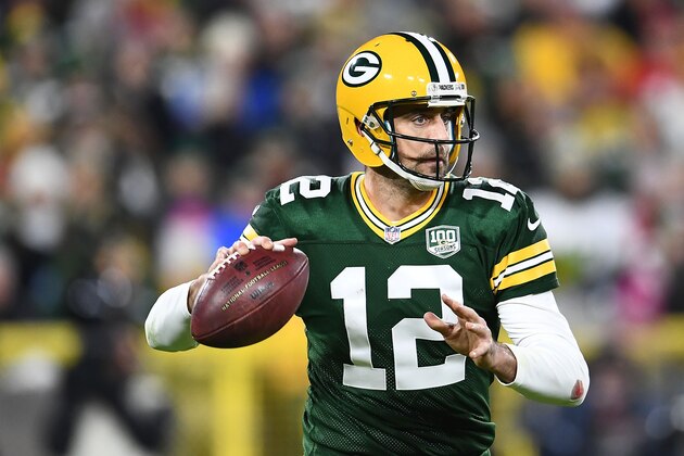 GREEN BAY, WI - OCTOBER 15:  Aaron Rodgers #12 of the Green Bay Packers drops back to pass during a game against the San Francisco 49ers at Lambeau Field on October 15, 2018 in Green Bay, Wisconsin.  Green Bay defeated the San Francisco 33-30.  (Photo by Stacy Revere/Getty Images)