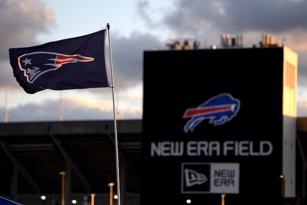 A New England Patriots flag is seen in the parking lot of New Era Field prior to an NFL football game between the Buffalo Bills and the Patriots, Monday, Oct. 29, 2018, in Orchard Park, N.Y. (AP Photo/Adrian Kraus)