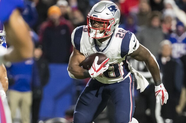ORCHARD PARK, NY - OCTOBER 29:  James White #28 of the New England Patriots carries the ball during the second half against the Buffalo Bills at New Era Field on October 29, 2018 in Orchard Park, New York. New England defeats Buffalo 25-6.  (Photo by Brett Carlsen/Getty Images)