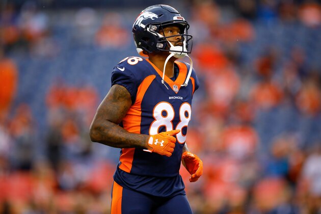 DENVER, CO - OCTOBER 1:  Wide receiver Demaryius Thomas #88 of the Denver Broncos stands on the field as he warms up before a game against the Kansas City Chiefs at Broncos Stadium at Mile High on October 1, 2018 in Denver, Colorado. (Photo by Justin Edmonds/Getty Images)