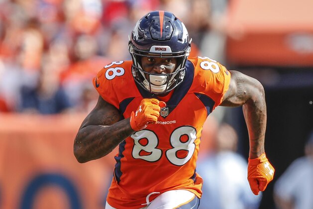 Denver Broncos wide receiver Demaryius Thomas (88) runs against the Oakland Raiders during the second half of an NFL football game, Sunday, Sept. 16, 2018, in Denver. (AP Photo/Jack Dempsey)