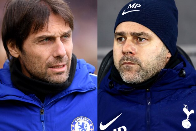 FILE PHOTO (EDITORS NOTE:   COMPOSITE OF TWO IMAGES - Image numbers (L) 907499970 and 900556924) In this composite image a comparison has been made between Antonio Conte, Manager of Chelsea (L) and  Mauricio Pochettino, Manager of Tottenham Hotspur. Chelsea and Tottenham Hotspur meet in a Premier League match at Stamford Bridge on April 1, 2018 in London,England. ***LEFT IMAGE*** BRIGHTON, ENGLAND - JANUARY 20: Antonio Conte, Manager of Chelsea looks on prior to the Premier League match between Brighton and Hove Albion and Chelsea at Amex Stadium on January 20, 2018 in Brighton, England. (Photo by Mike Hewitt/Getty Images) ***RIGHT IMAGE***  SWANSEA, WALES - JANUARY 02: Mauricio Pochettino, Manager of Tottenham Hotspur looks on prior to the Premier League match between Swansea City and Tottenham Hotspur at Liberty Stadium on January 2, 2018 in Swansea, Wales. (Photo by Michael Steele/Getty Images)