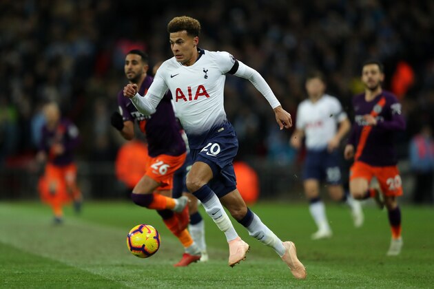 LONDON, ENGLAND - OCTOBER 29: Deli Alli of Tottenham in action during the Premier League match between Tottenham Hotspur and Manchester City at Tottenham Hotspur Stadium on October 29, 2018 in London, United Kingdom. (Photo by Richard Heathcote/Getty Images)