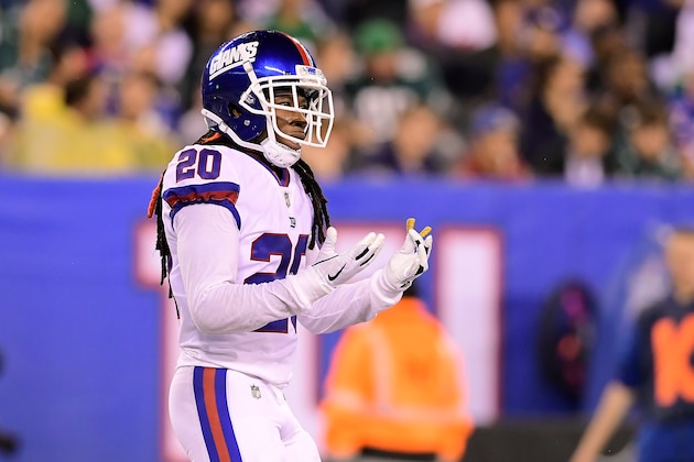EAST RUTHERFORD, NJ - OCTOBER 11:  Janoris Jenkins #20 of the New York Giants reacts against the Philadelphia Eagles at MetLife Stadium on October 11, 2018 in East Rutherford, New Jersey. The Eagles defeated the Giants 34-13.  (Photo by Steven Ryan/Getty Images)