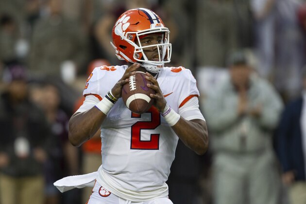 Clemson quarterback Kelly Bryant (2) looks to pass against Texas A&M during the first quarter of an NCAA college football game Saturday, Sept. 8, 2018, in College Station, Texas. (AP Photo/Sam Craft)