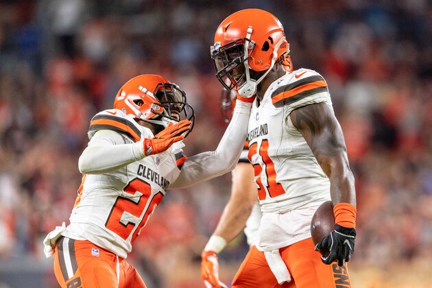 CLEVELAND, OH - AUGUST 23: Briean Boddy-Calhoun #20 celebrate with Jamie Collins #51 of the Cleveland Browns after Collins caught an interception during the first half of a preseason game against the Philadelphia Eagles at FirstEnergy Stadium on August 23, 2018 in Cleveland, Ohio. (Photo by Jason Miller/Getty Images)