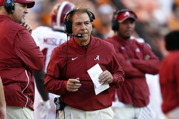 Alabama head coach Nick Saban is seen in the first half of an NCAA college football game against Tennessee Saturday, Oct. 20, 2018, in Knoxville, Tenn. (AP Photo/Wade Payne)